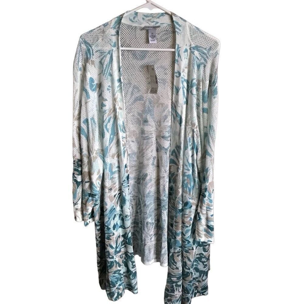 Catherines Womens SZ 5X green open front floral duster shrug cover up NWT